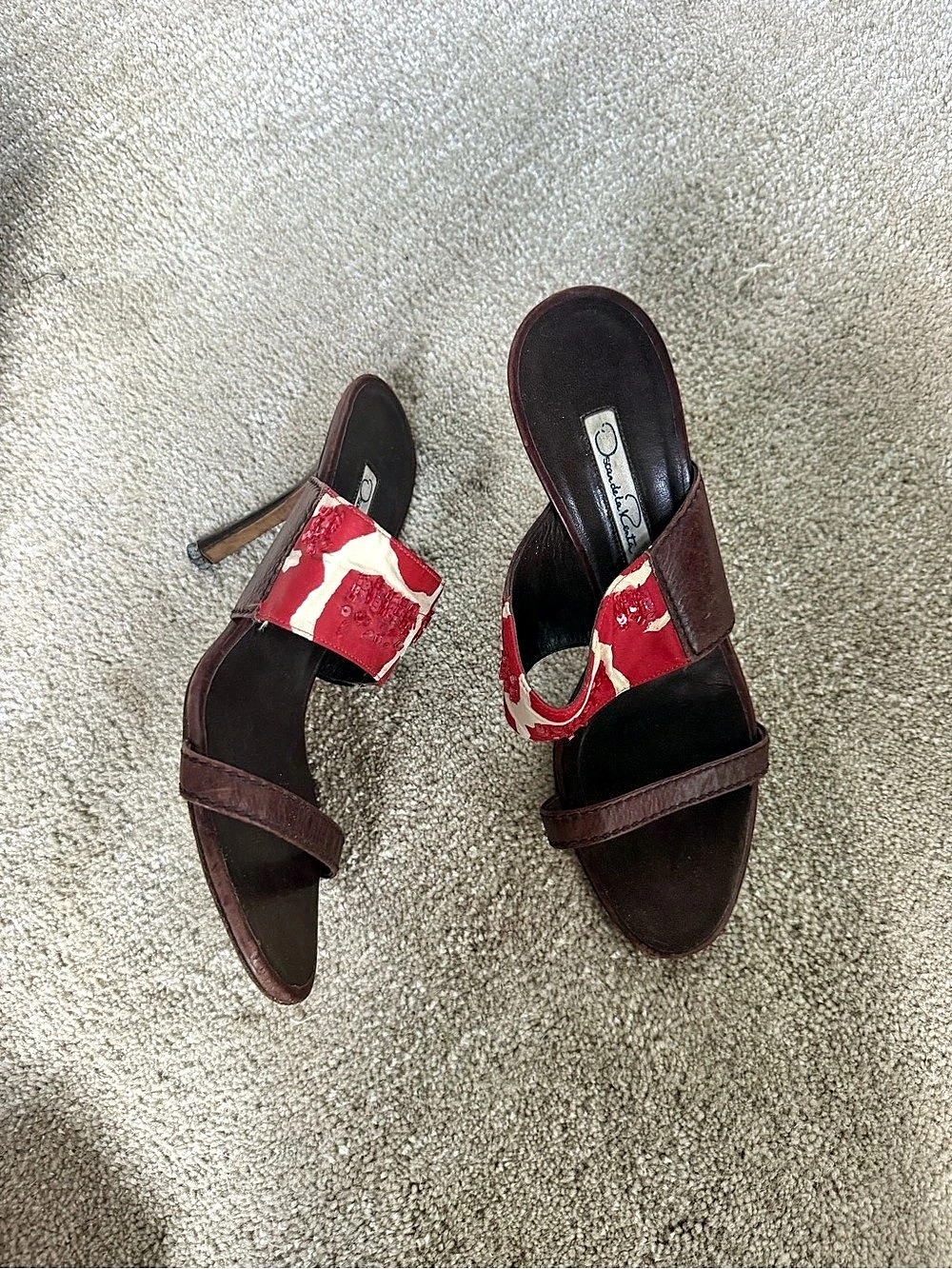 Oscar de la Renta Brown and Pink Beaded Sandal Heels